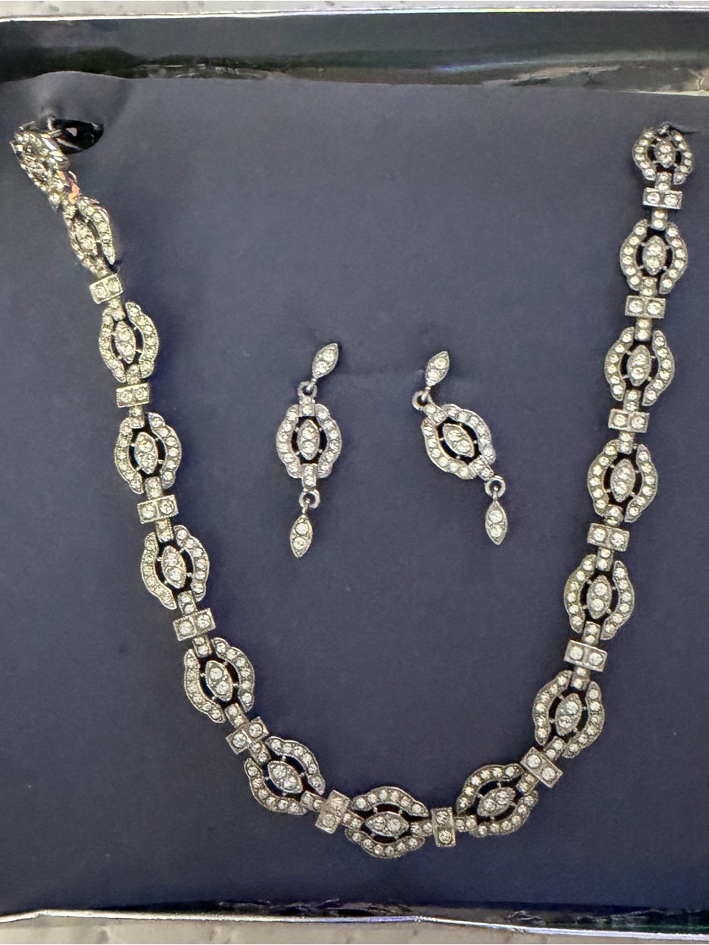 Vintage-Inspired Crystal Link Necklace and Drop Earrings - Silver Tone